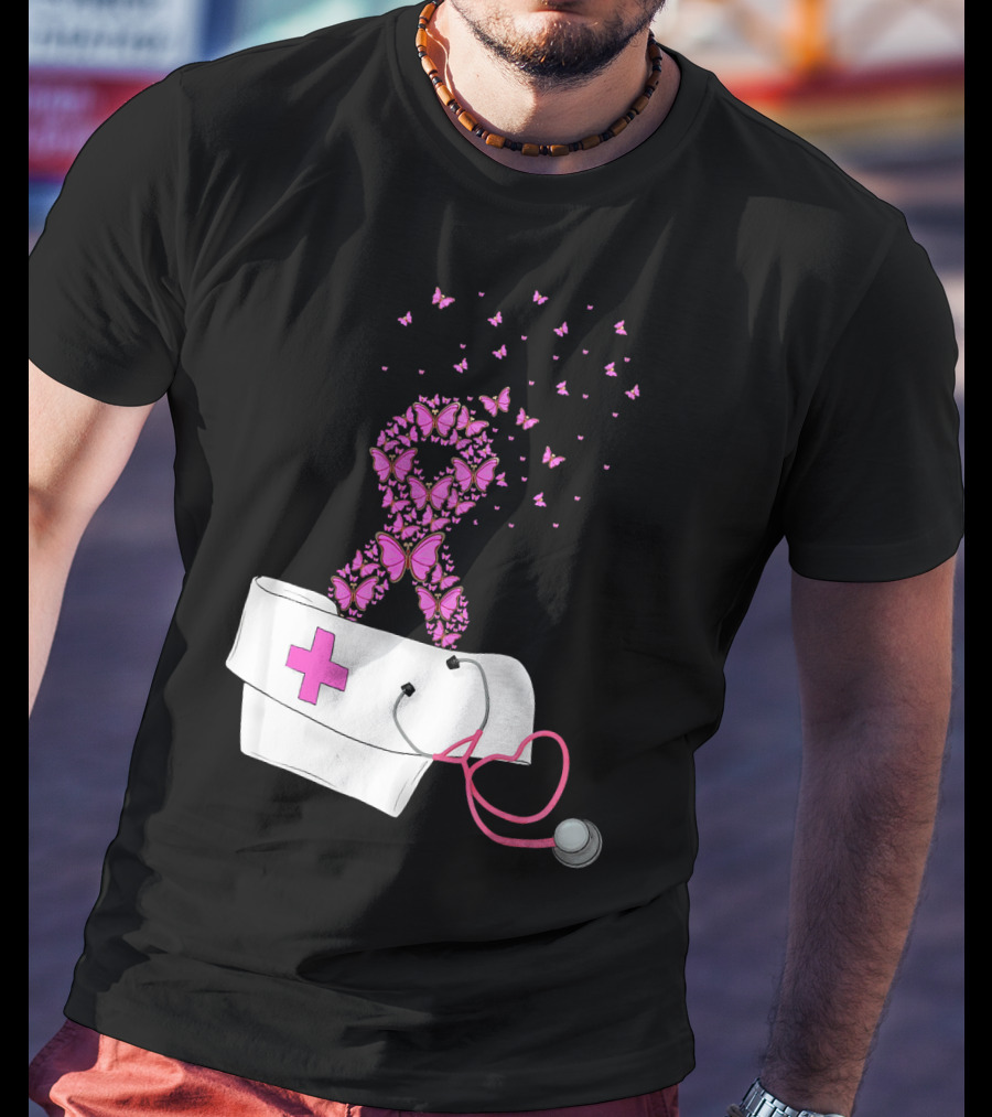 Breast Cancer Awareness Pink Butterfly Ribbon Nurse Doctor Stethoscope Hat T-Shirt