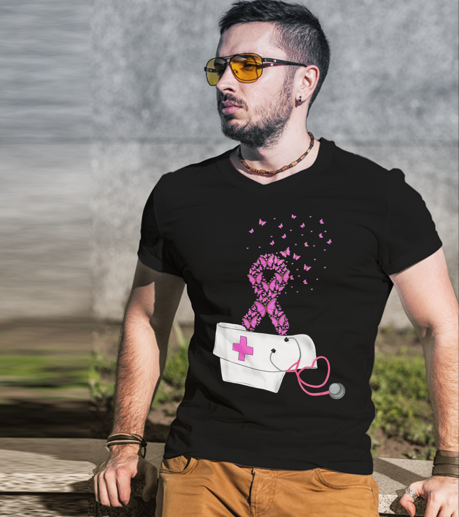 Breast Cancer Awareness Pink Butterfly Ribbon Nurse Doctor Stethoscope Hat T-Shirt