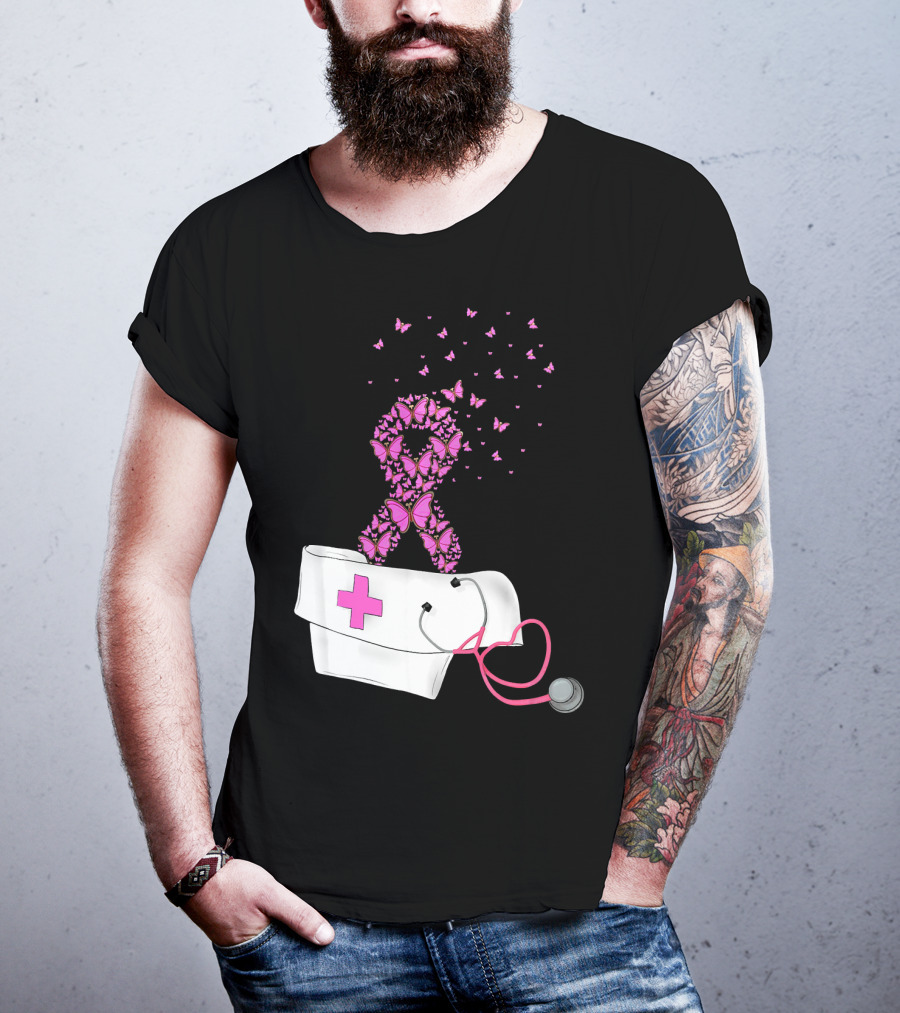 Breast Cancer Awareness Pink Butterfly Ribbon Nurse Doctor Stethoscope Hat T-Shirt