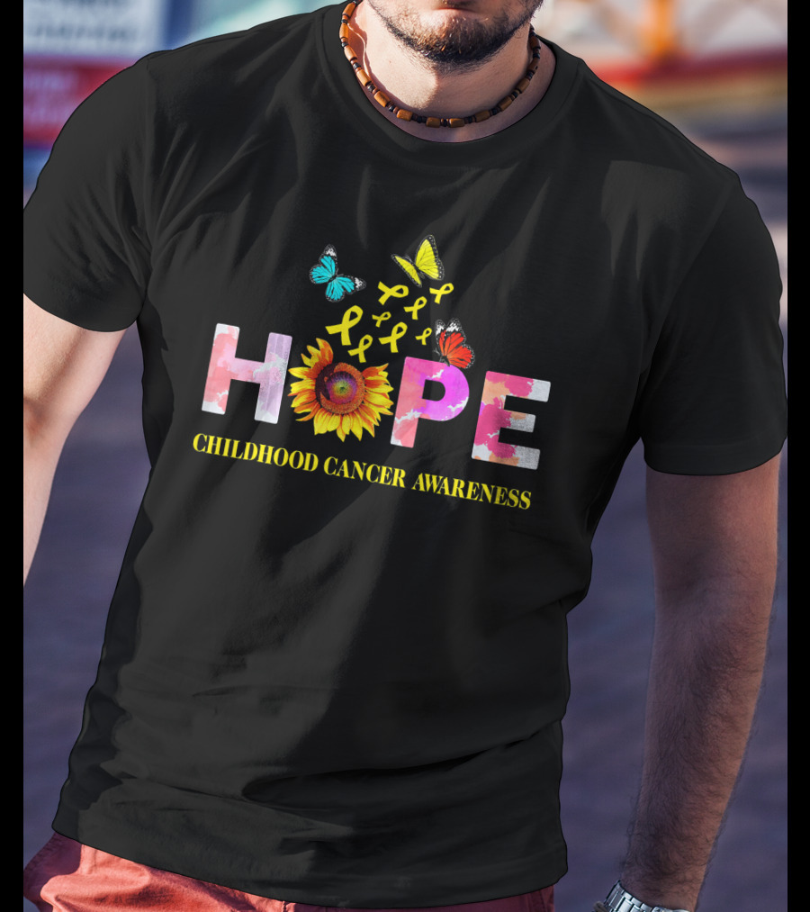 HOPE Childhood Cancer Awareness Yellow Ribbon Butterflies Sunflower T-Shirt