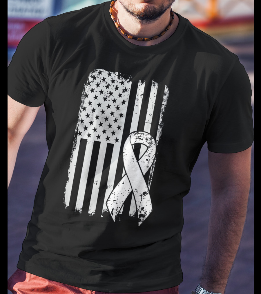 Mens Lung Cancer Awareness Distressed American Flag T-Shirt