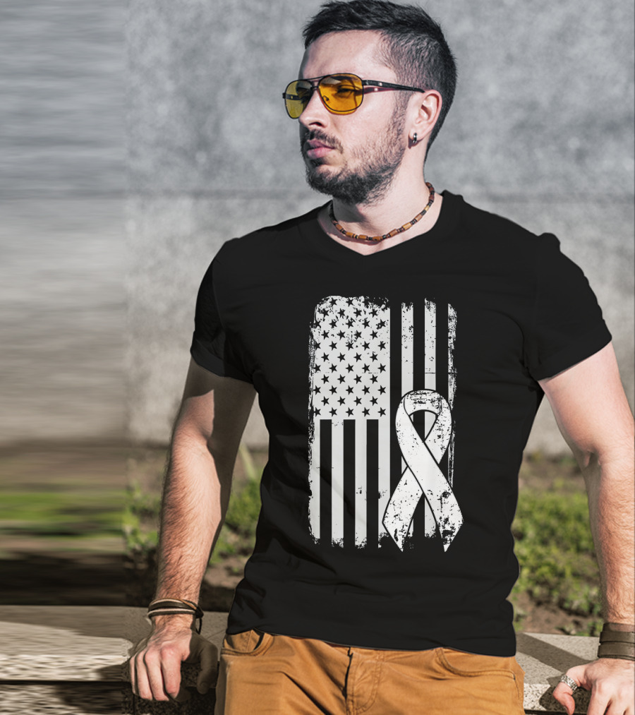 Mens Lung Cancer Awareness Distressed American Flag T-Shirt