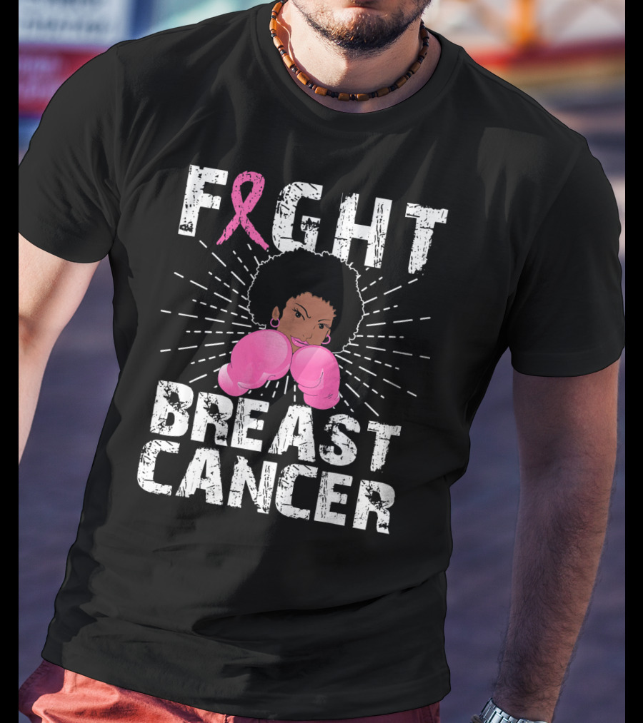 FIGHT Breast Cancer Pink Ribbon Afro Woman Boxing Gloves T-Shirt