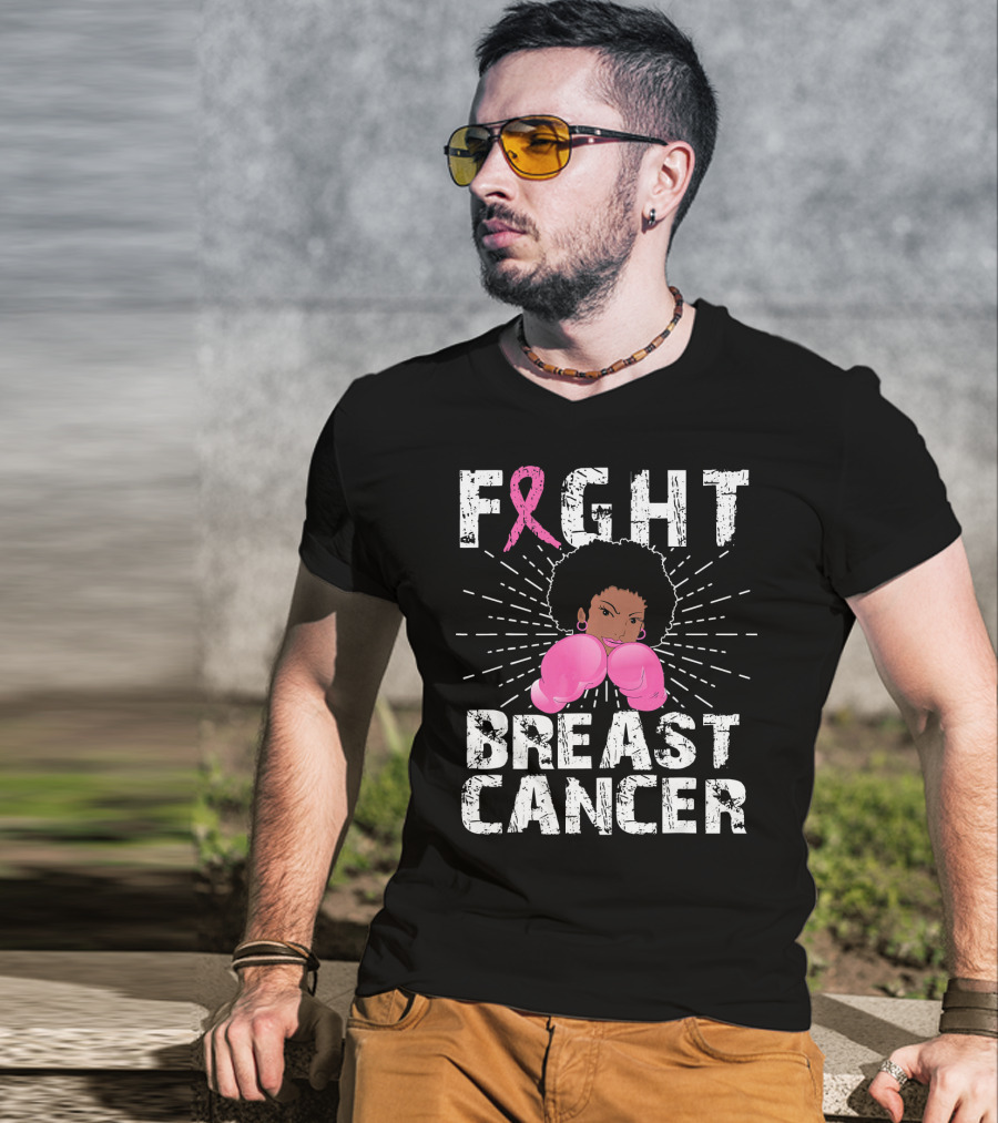 FIGHT Breast Cancer Pink Ribbon Afro Woman Boxing Gloves T-Shirt