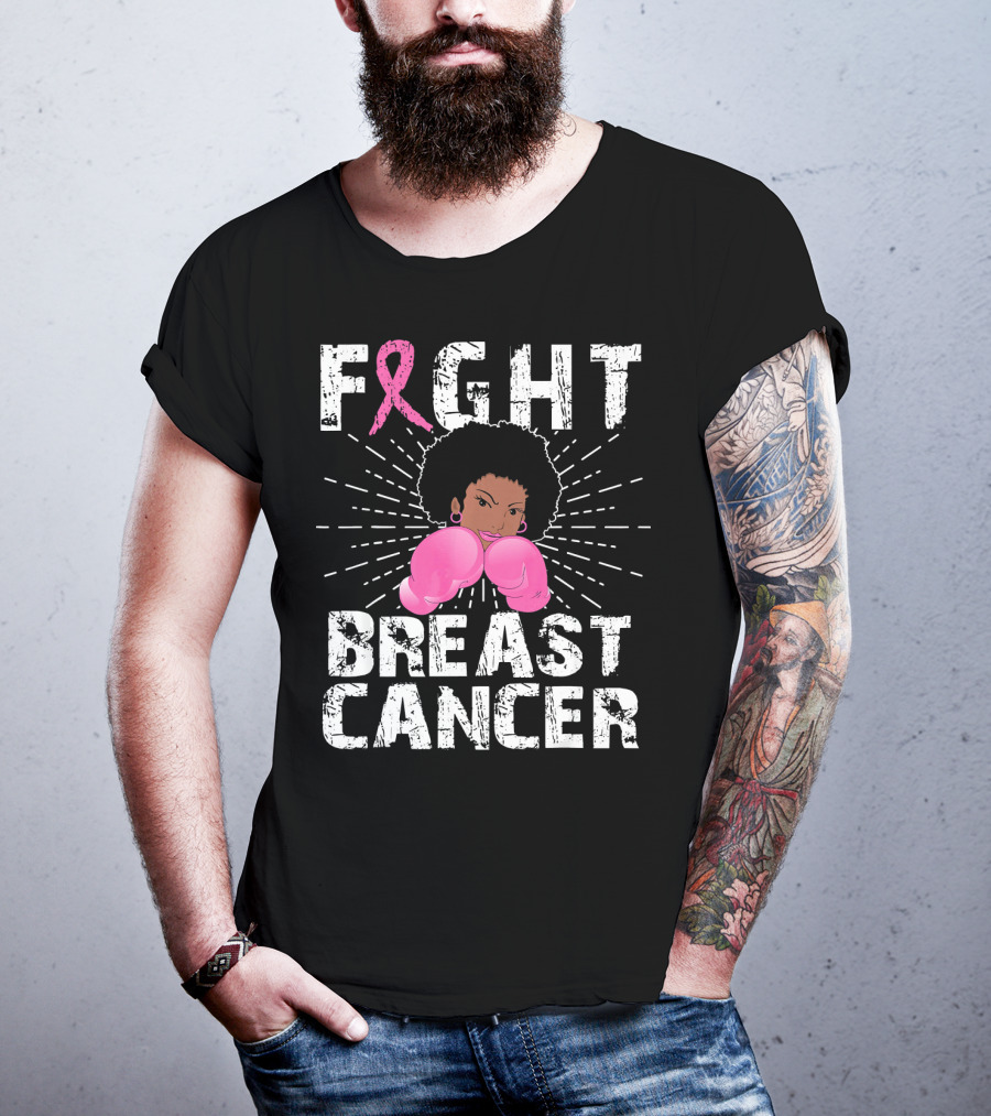 FIGHT Breast Cancer Pink Ribbon Afro Woman Boxing Gloves T-Shirt