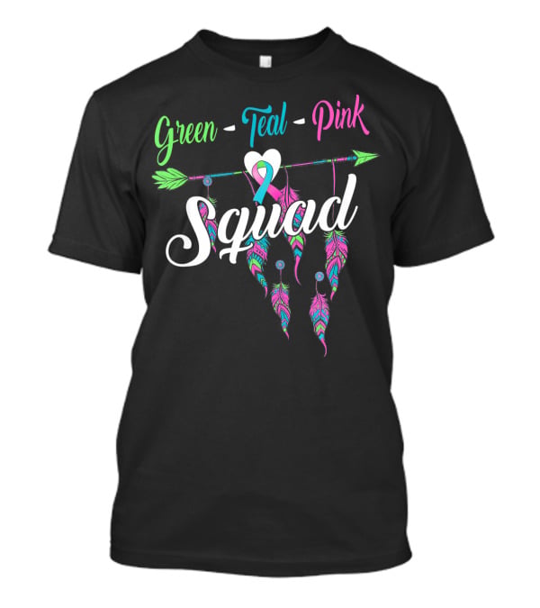 Green Teal Pink Ribbon Arrow Heart Feather Squad T-Shirt