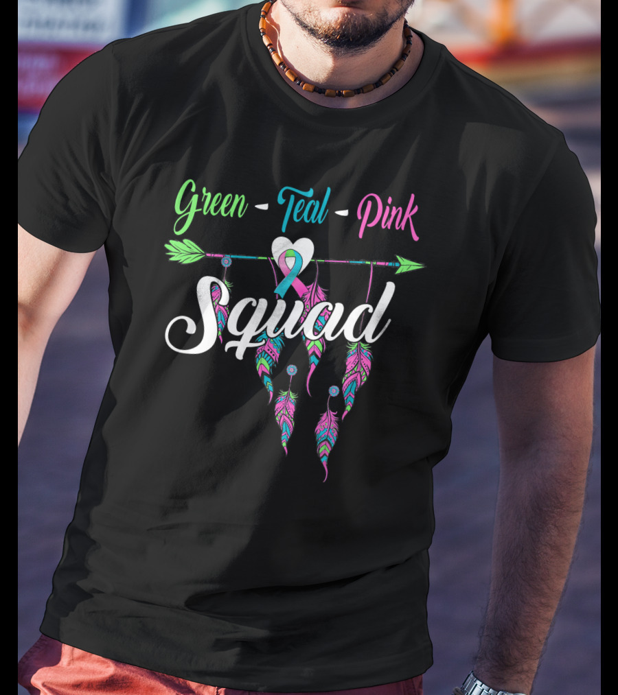 Green Teal Pink Ribbon Arrow Heart Feather Squad T-Shirt