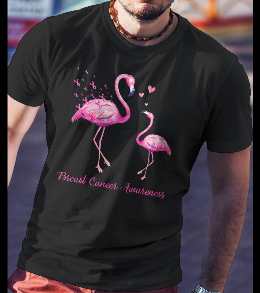Breast Cancer Awareness Family Flamingo Mom Baby Hearts T-Shirt