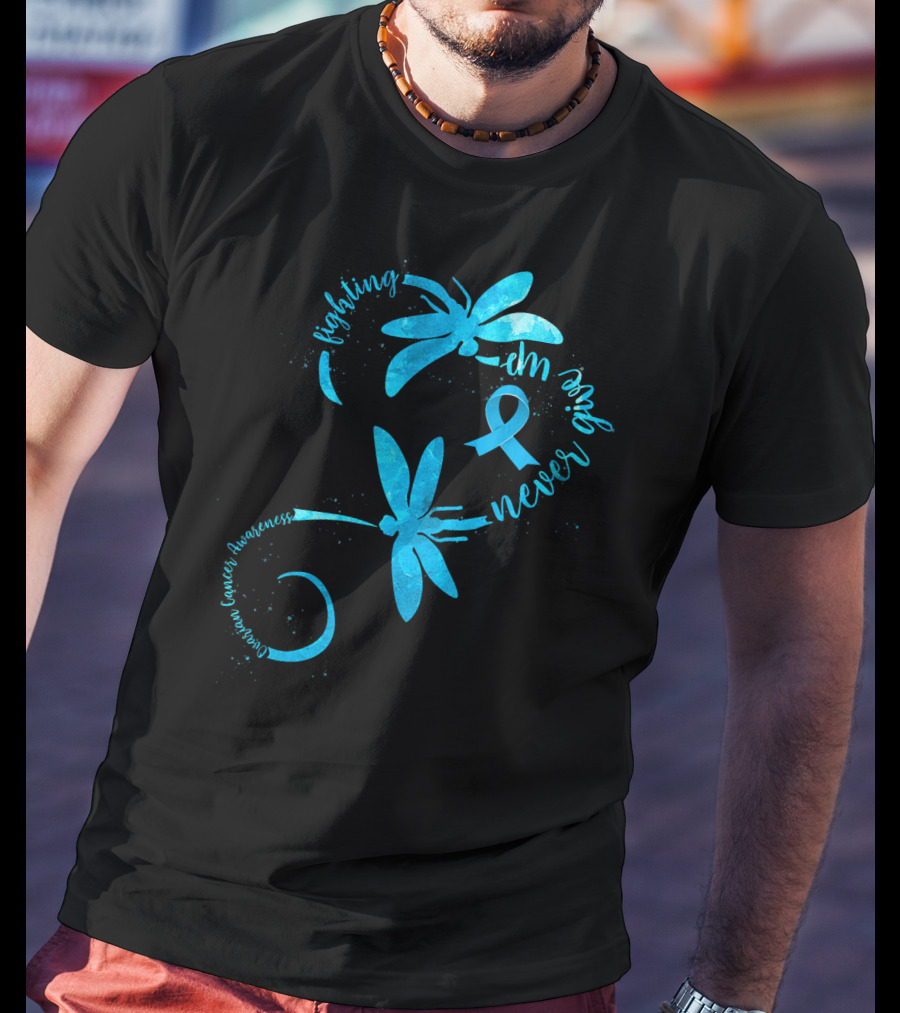 Fighting Never Give Up Ovarian Cancer Awareness Dragonfly T-Shirt