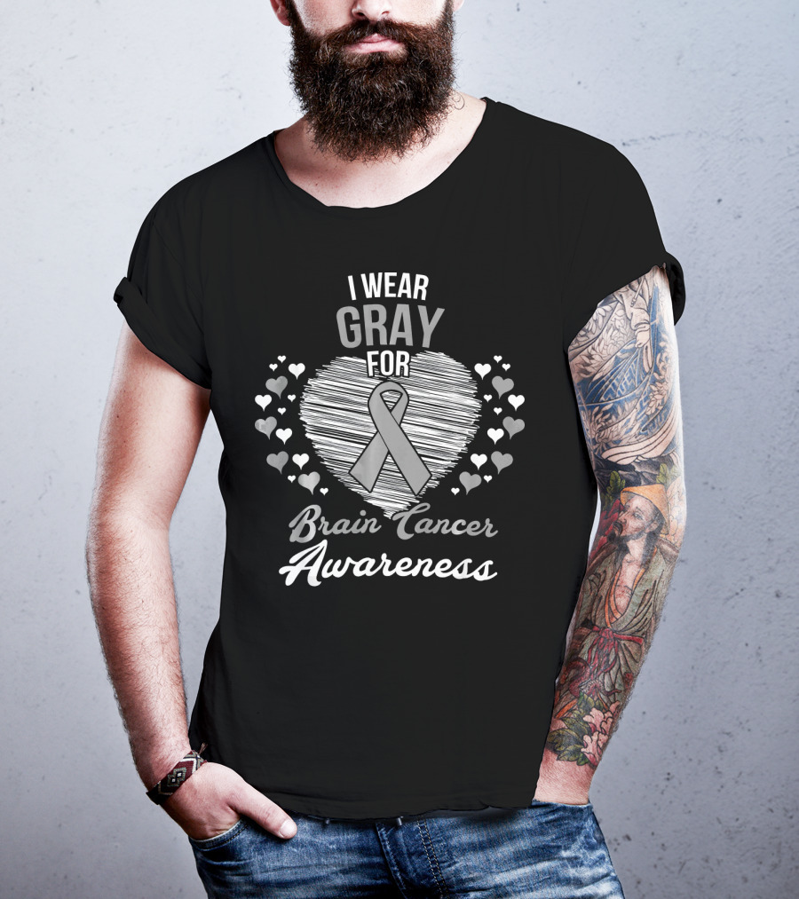I Wear Gray For Brain Cancer Awareness Ribbon Heart And Hearts T-Shirt