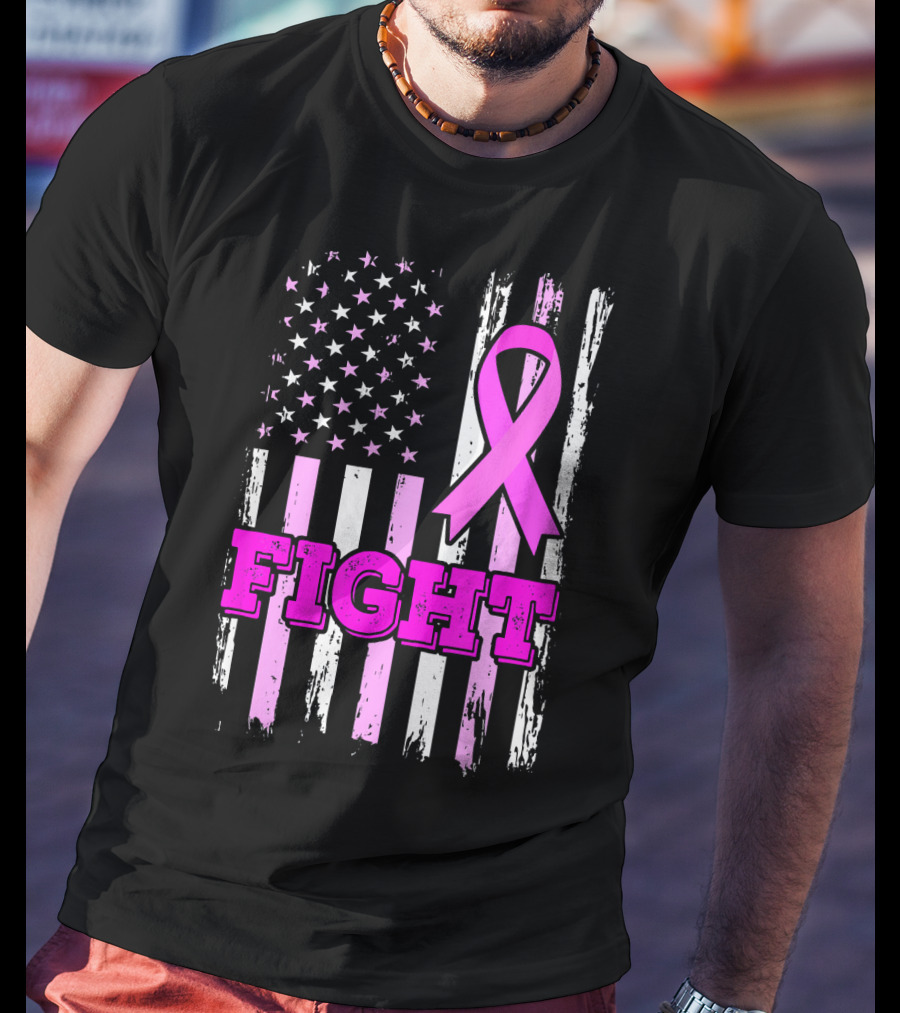 Fight Pink Ribbon American Flag Breast Cancer Awareness T-Shirt