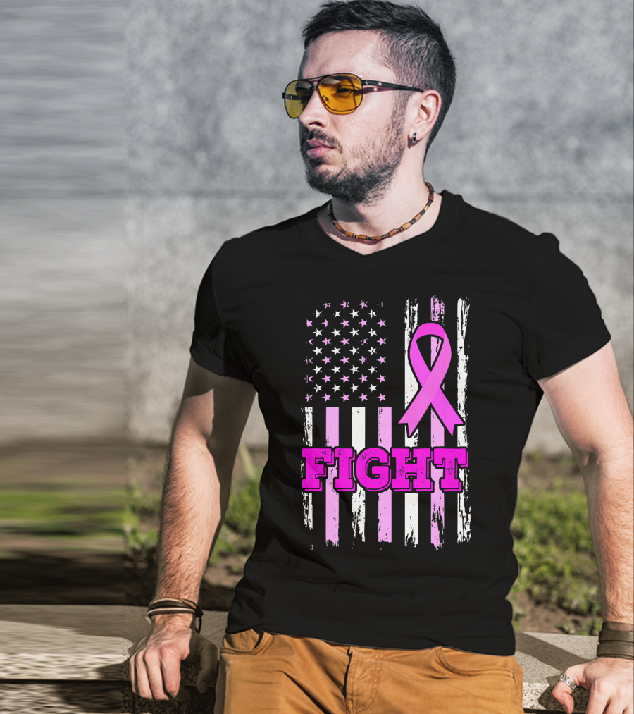 Fight Pink Ribbon American Flag Breast Cancer Awareness T-Shirt