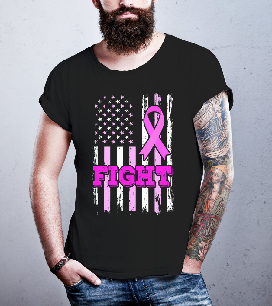 Fight Pink Ribbon American Flag Breast Cancer Awareness T-Shirt