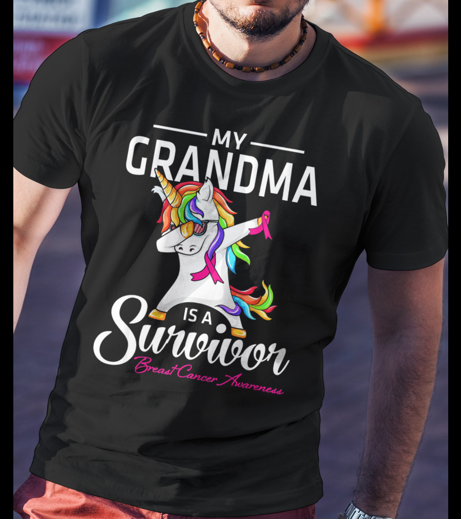 My Grandma Is A Survivor Breast Cancer Awareness Unicorn Dab T-Shirt