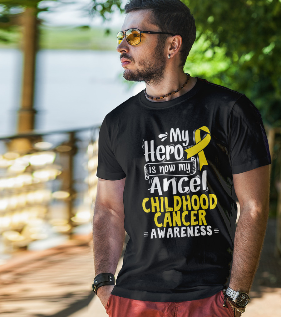 Gold Awareness Ribbon My Hero Is Now My Angel Childhood Cancer Awareness T-Shirt