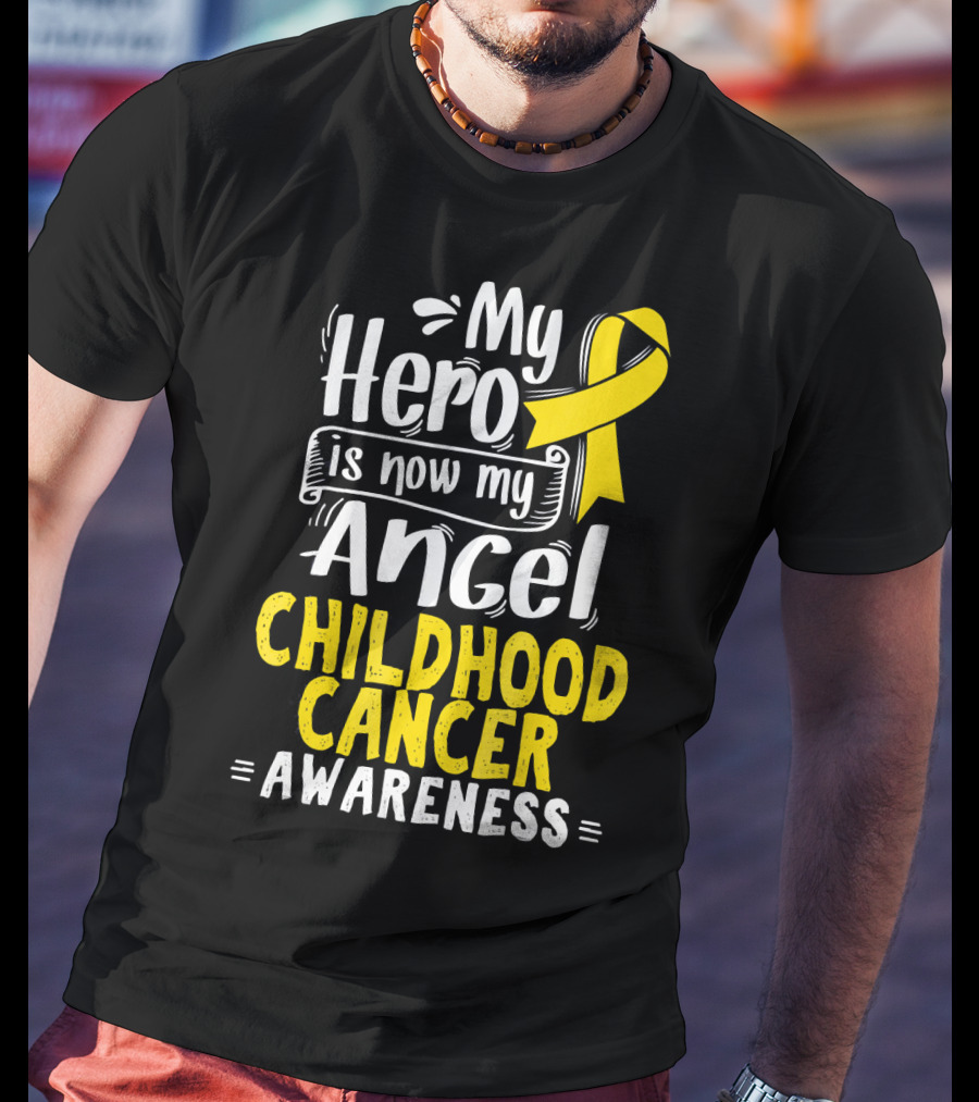 Gold Awareness Ribbon My Hero Is Now My Angel Childhood Cancer Awareness T-Shirt