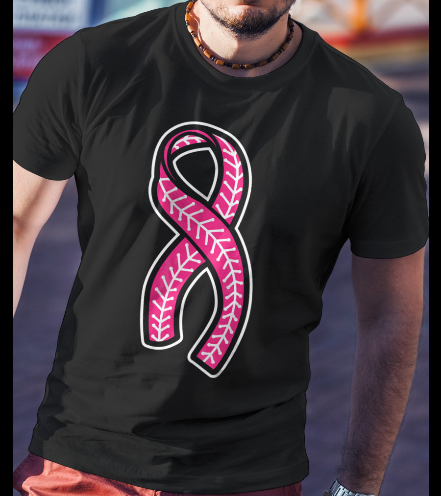 Pink Ribbon Baseball Stitching Breast Cancer Awareness T-Shirt