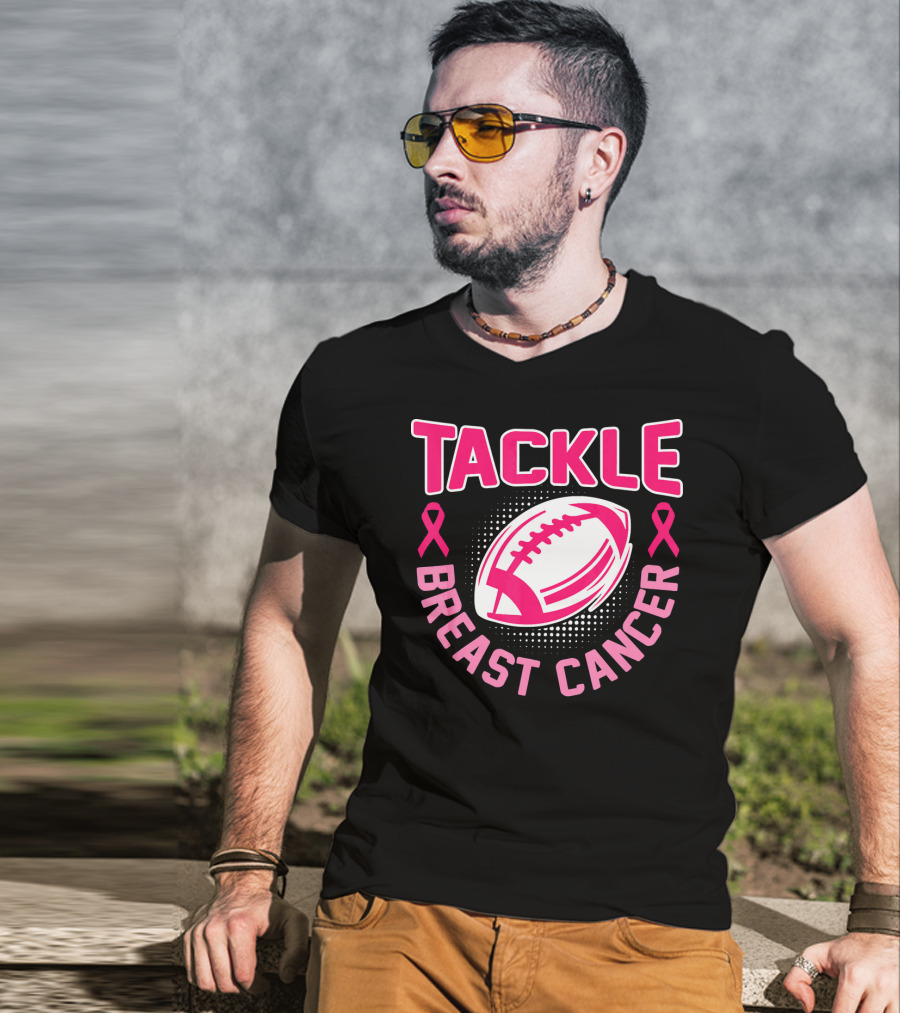 Tackle Breast Cancer Pink Ribbon Awareness Football T-Shirt