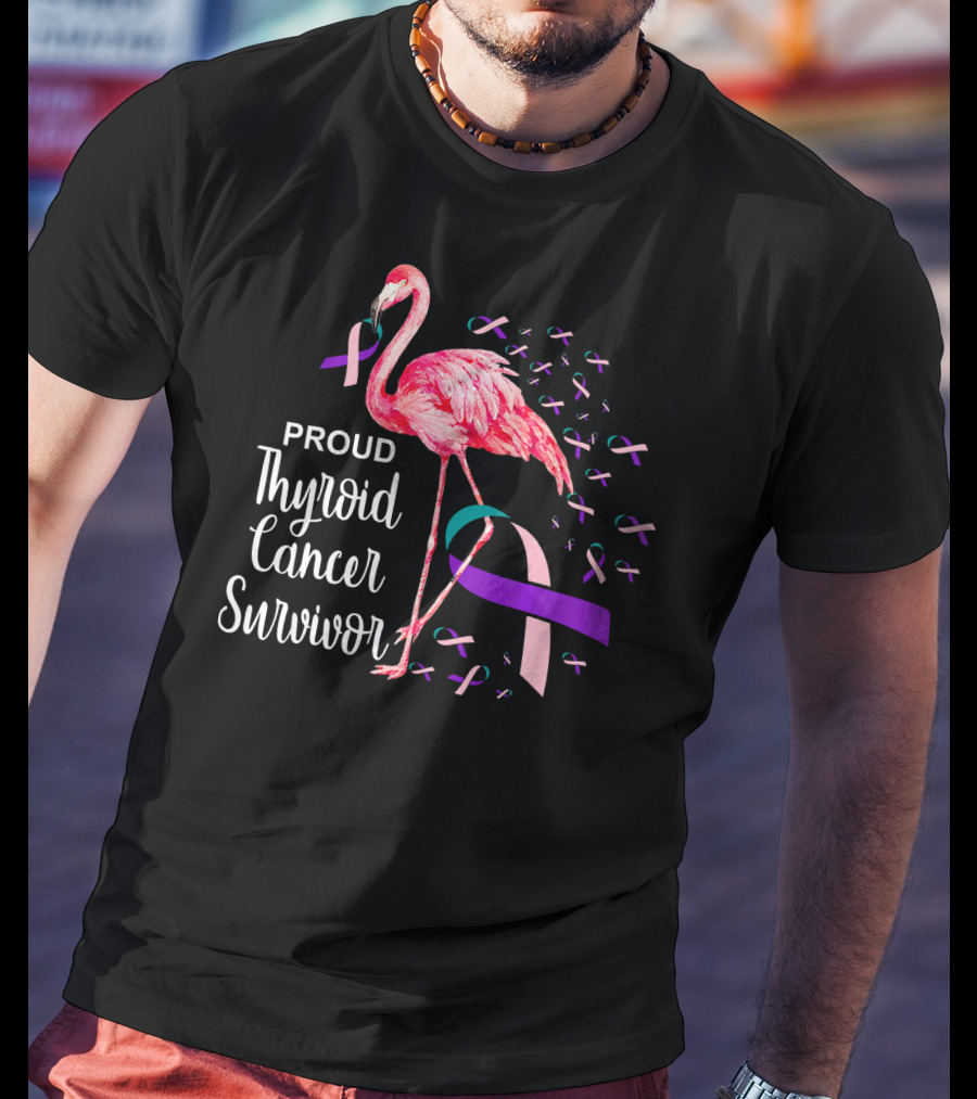 Proud Thyroid Cancer Survivor Flamingo Pink And Purple Ribbons T-Shirt