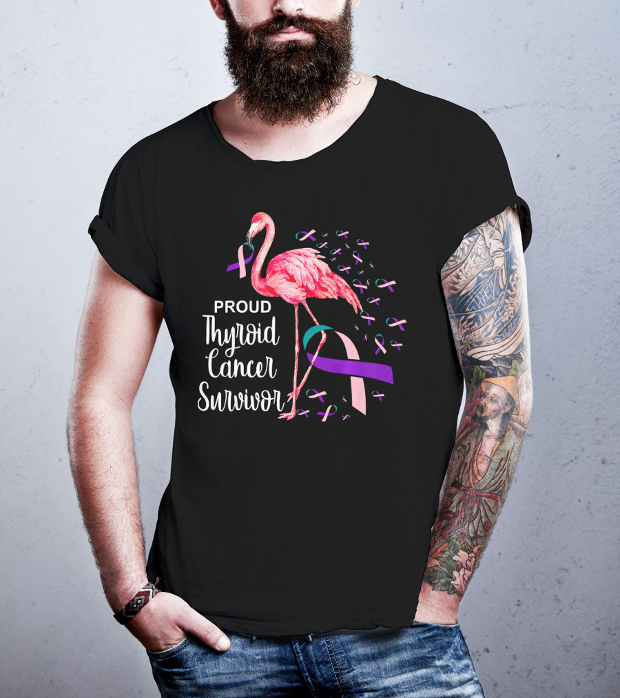 Proud Thyroid Cancer Survivor Flamingo Pink And Purple Ribbons T-Shirt