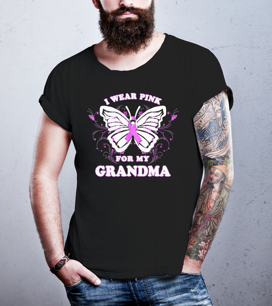 I Wear Pink For My Grandma Breast Cancer Awareness Butterfly T-Shirt