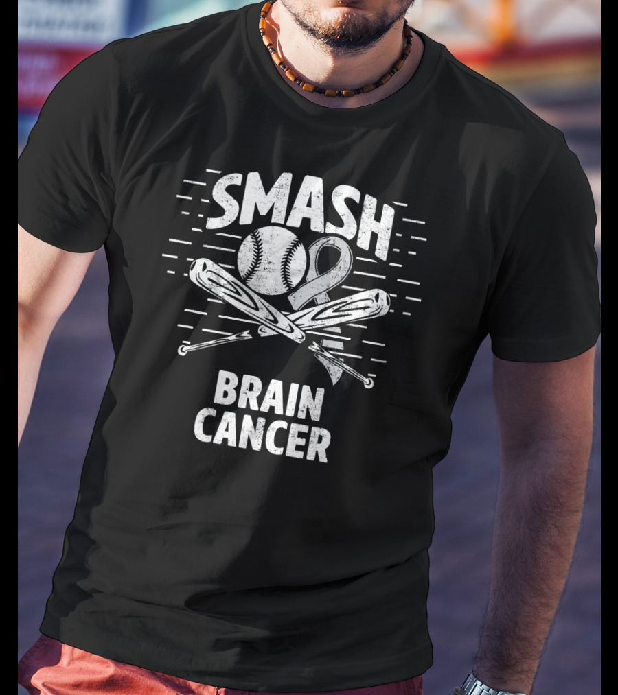 Smash Brain Cancer Baseball Ribbon Therapy Grey T-Shirt