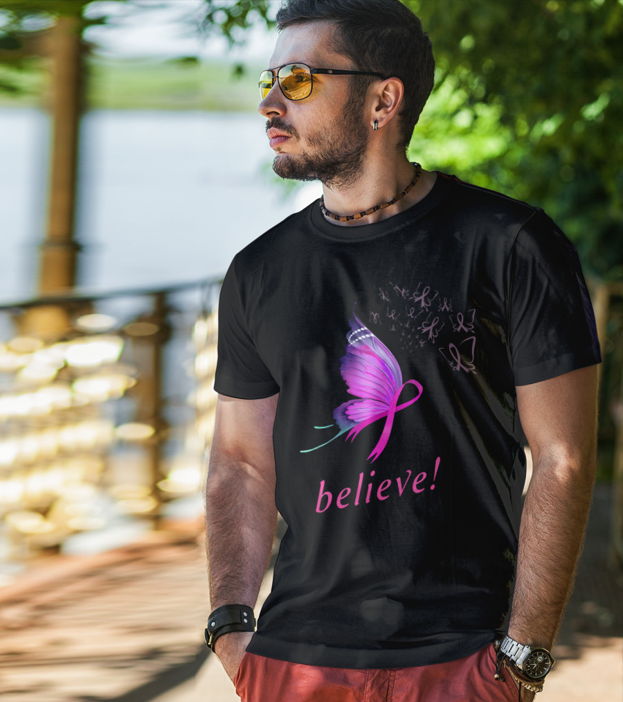 Believe Pink Ribbon Butterfly Breast Cancer Awareness T-Shirt