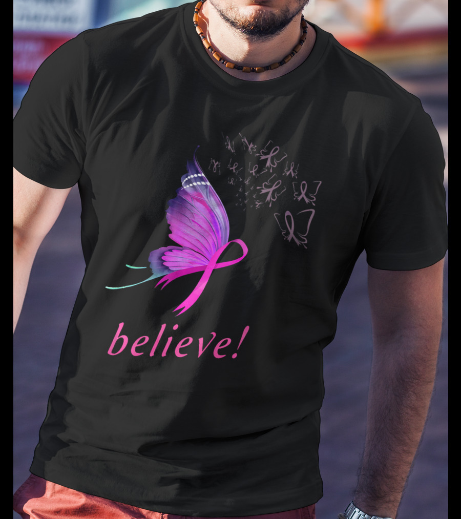Believe Pink Ribbon Butterfly Breast Cancer Awareness T-Shirt