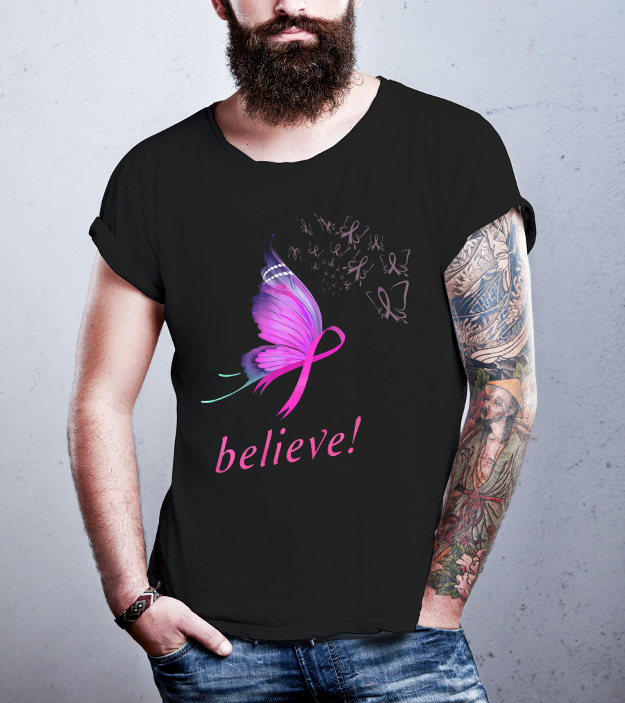Believe Pink Ribbon Butterfly Breast Cancer Awareness T-Shirt