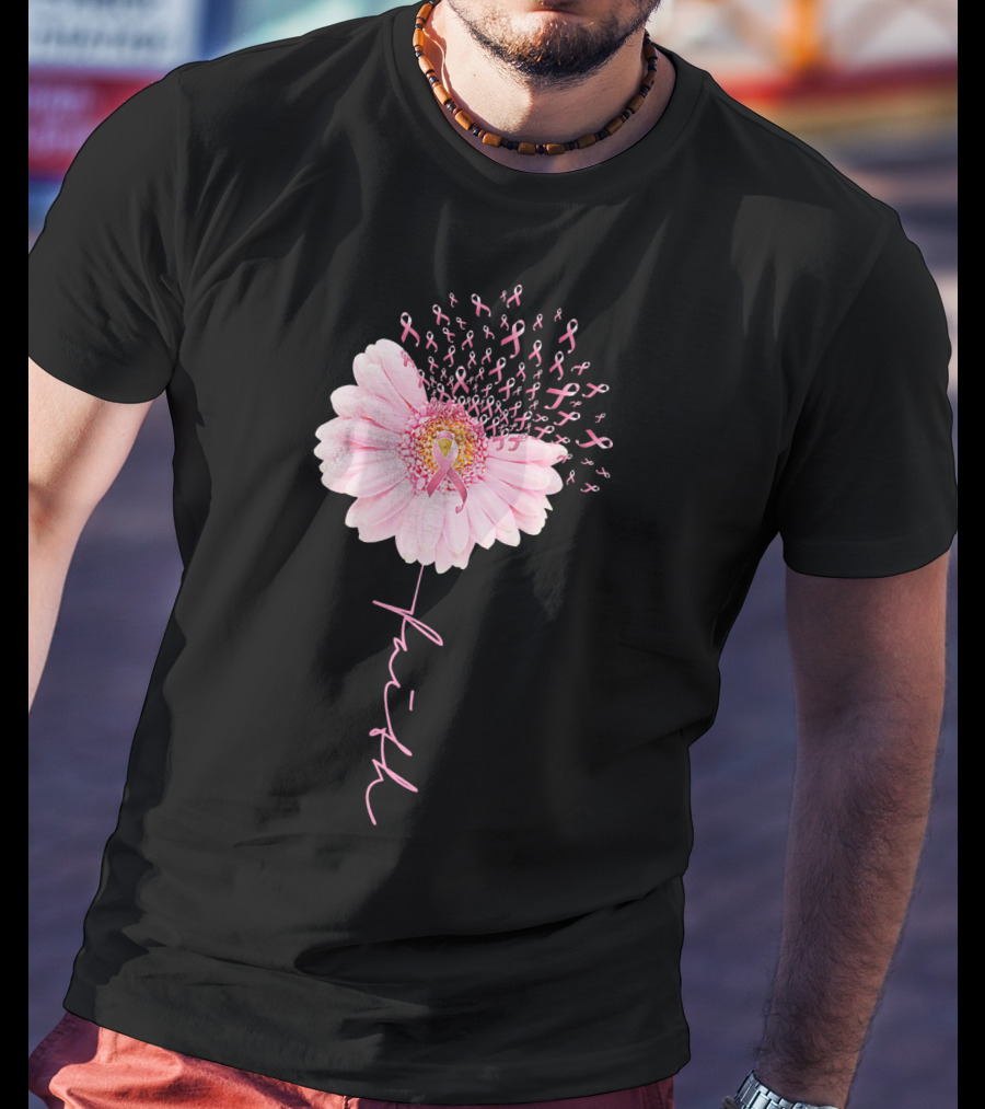 Faith Daisy Flower Pink Ribbon Breast Cancer T-Shirt