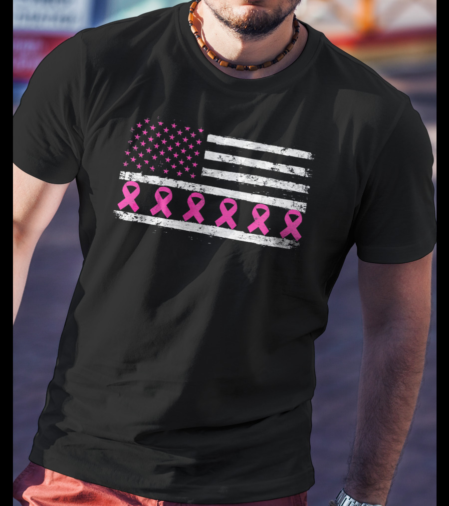 American Flag Distressed Breast Cancer Awareness Pink Ribbons T-Shirt