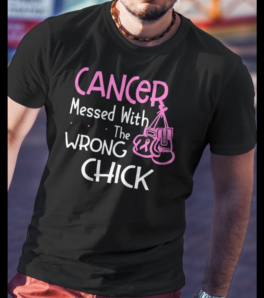 Cancer Messed With The Wrong Chick Boxing Gloves Pink Awareness T-Shirt