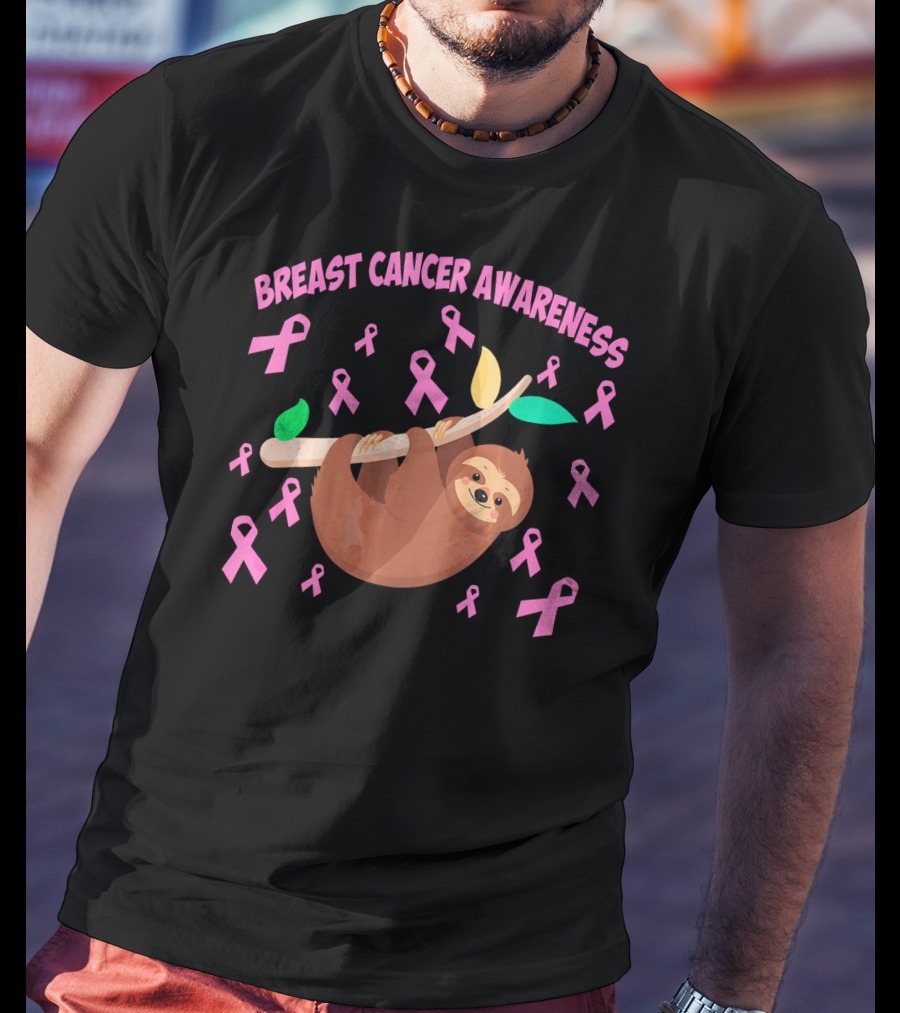 Breast Cancer Awareness Cute Sloth Pink Ribbons T-Shirt
