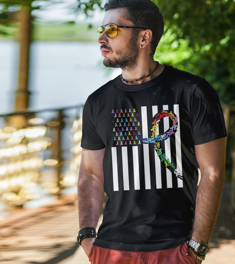 All Cancer Matters Awareness USA Flag Ribbon Stripes T-Shirt