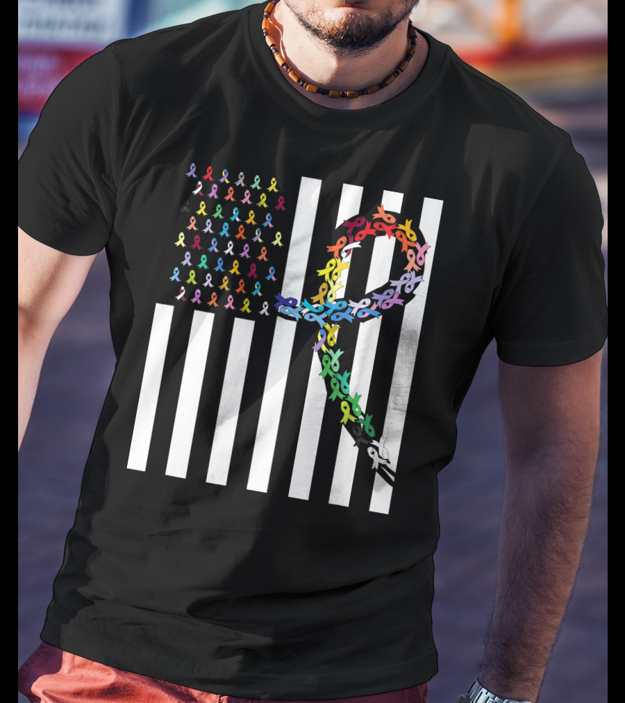 All Cancer Matters Awareness USA Flag Ribbon Stripes T-Shirt