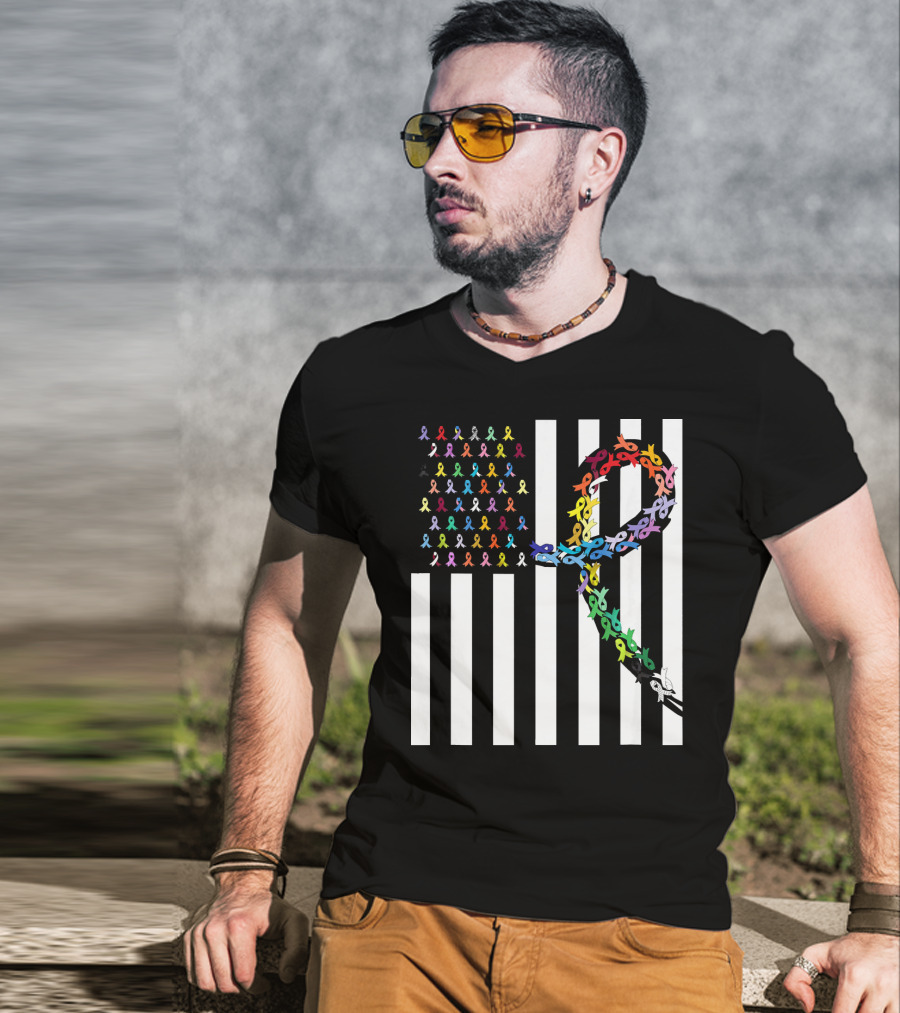 All Cancer Matters Awareness USA Flag Ribbon Stripes T-Shirt