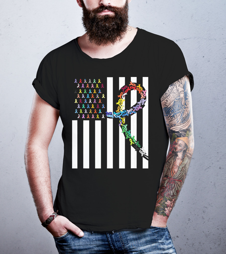 All Cancer Matters Awareness USA Flag Ribbon Stripes T-Shirt