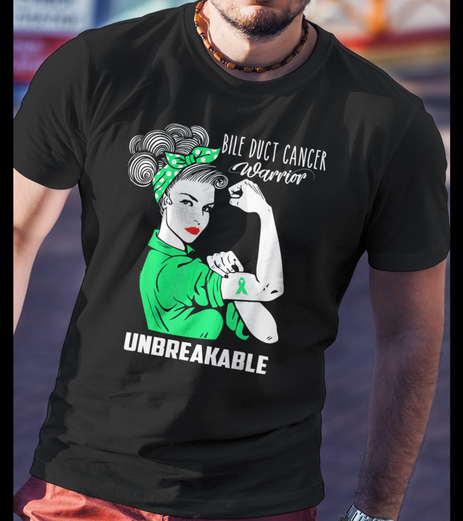 Bile Duct Cancer Warrior Unbreakable Rosie The Riveter Style With Awareness T-Shirt