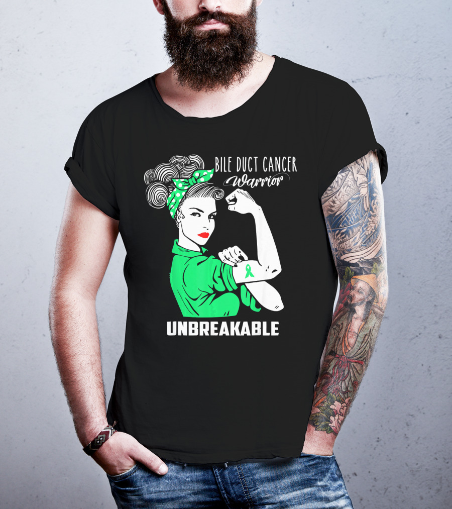 Bile Duct Cancer Warrior Unbreakable Rosie The Riveter Style With Awareness T-Shirt