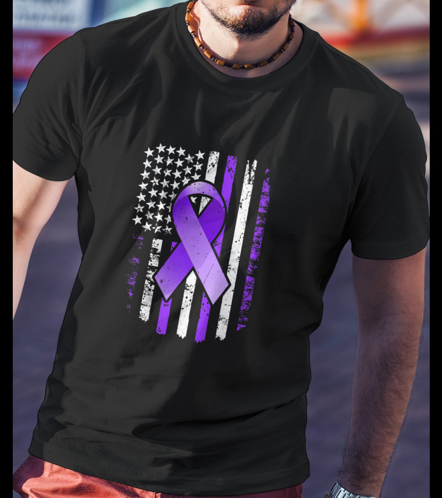 American Flag Purple Ribbon Pancreatic Cancer Awareness T-Shirt