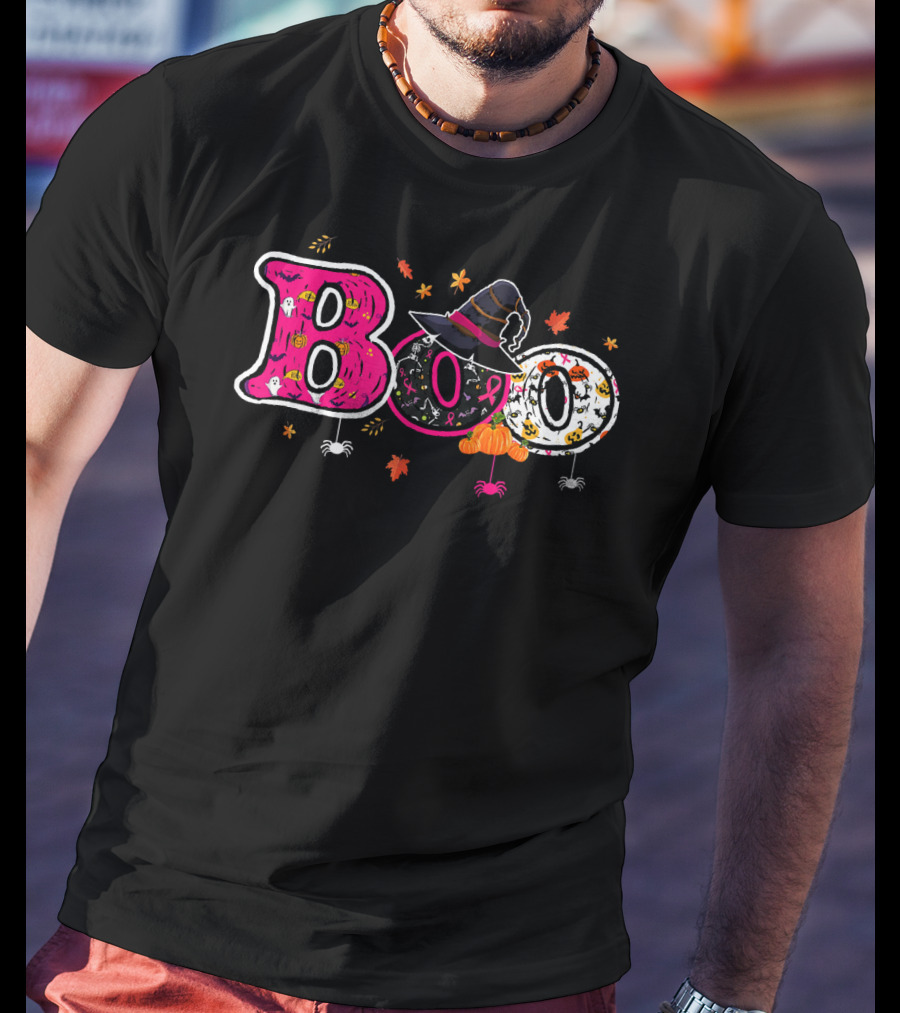 Boo Halloween Breast Cancer Awareness Witch Hat Ribbon Pumpkins Spiders Leaves T-Shirt