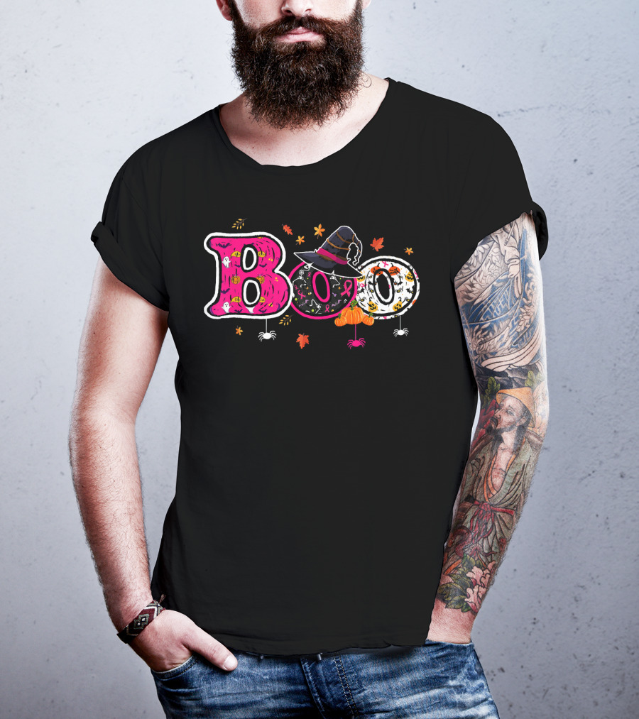 Boo Halloween Breast Cancer Awareness Witch Hat Ribbon Pumpkins Spiders Leaves T-Shirt