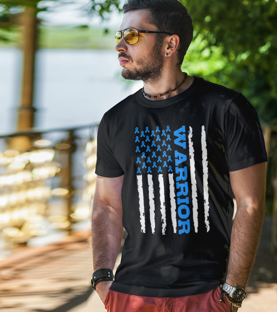 Prostate Cancer Warrior Blue Ribbon American Flag T-Shirt