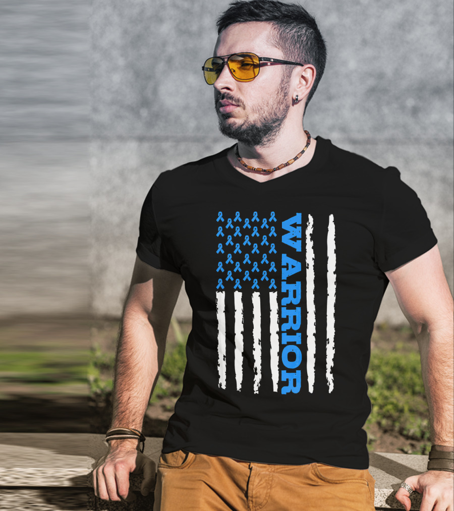 Prostate Cancer Warrior Blue Ribbon American Flag T-Shirt
