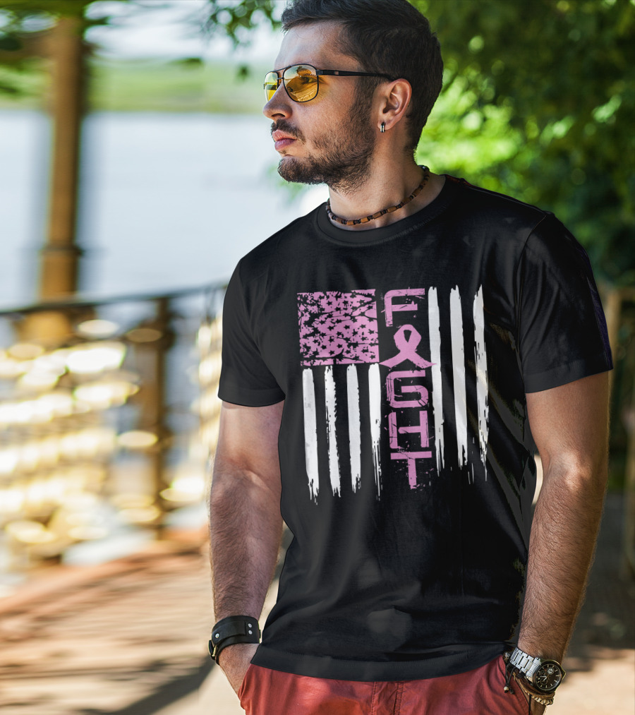 Fight Cancer Awareness Breast Pink Ribbon American Flag T-Shirt