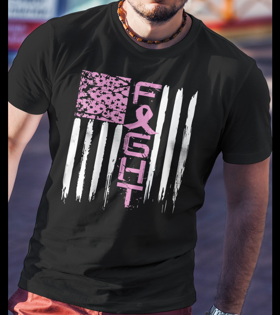 Fight Cancer Awareness Breast Pink Ribbon American Flag T-Shirt