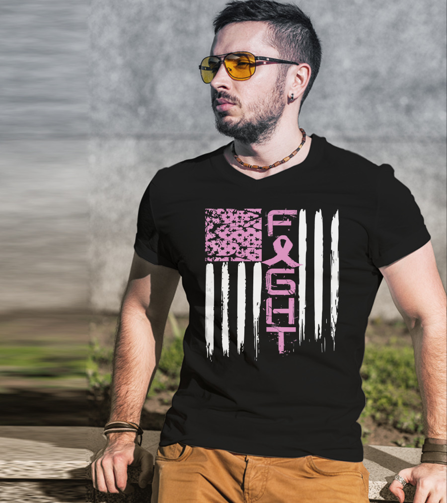 Fight Cancer Awareness Breast Pink Ribbon American Flag T-Shirt