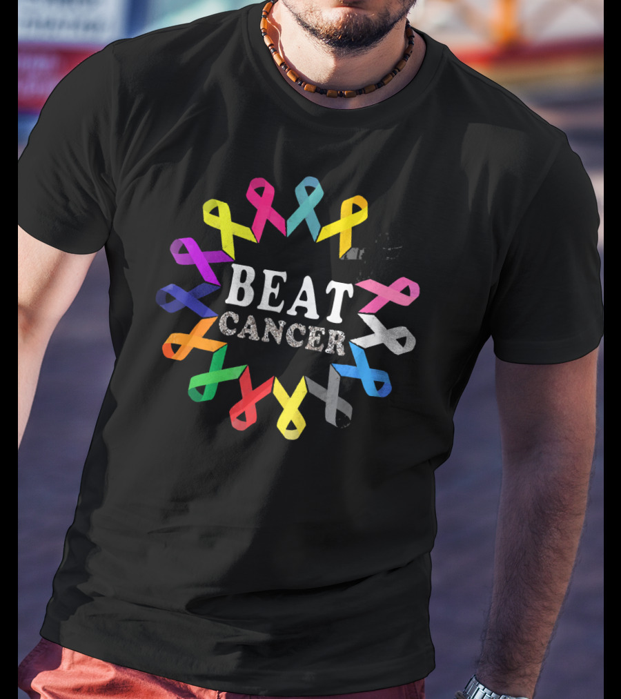 BEAT CANCER Multicolored Awareness Ribbons T-Shirt