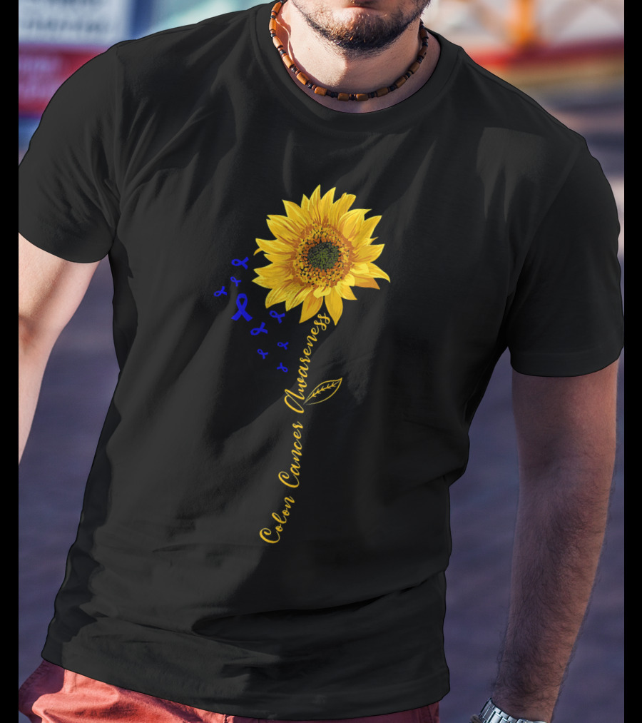 Hippie Sunflower Colon Cancer Awareness Sunflower With Blue Ribbons T-Shirt