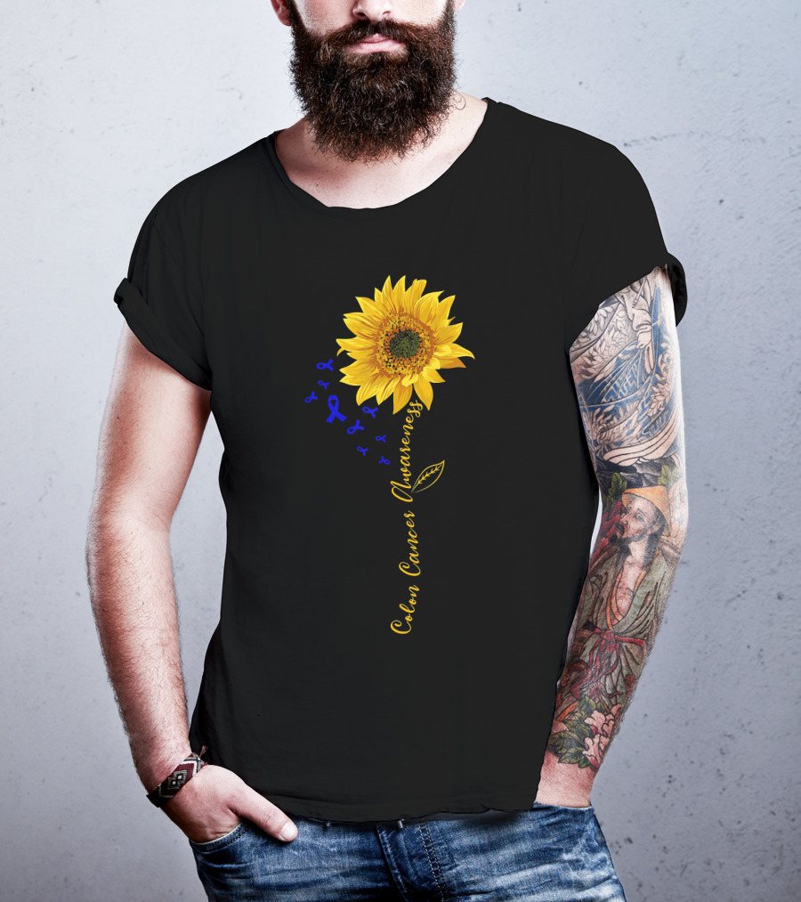 Hippie Sunflower Colon Cancer Awareness Sunflower With Blue Ribbons T-Shirt